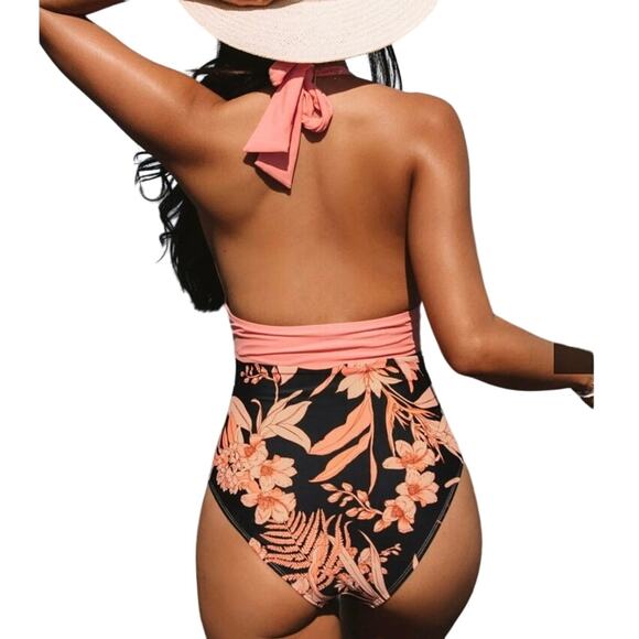 New Cupshe Havana Tropical Plunge Halter Ruched One Piece Swimsuit - Picture 2 of 11